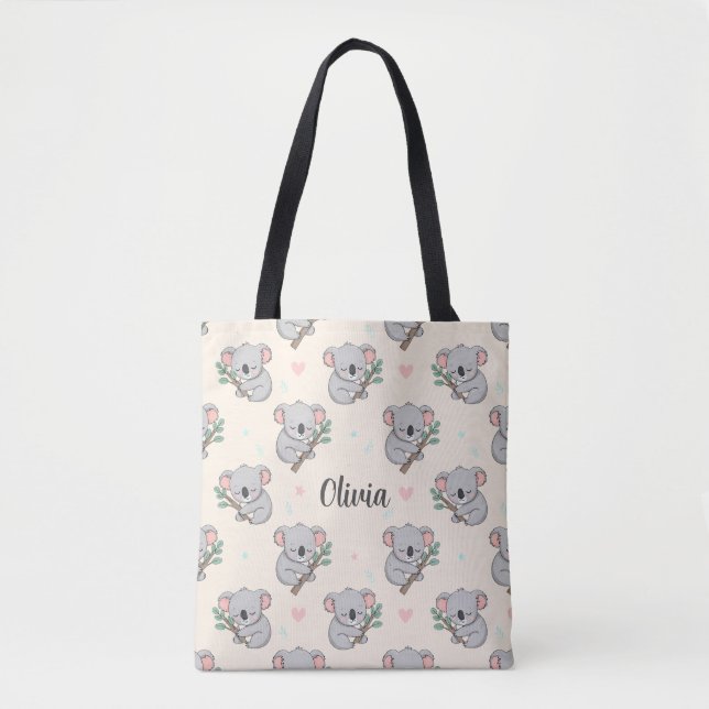 Bolsa Tote Lindo Coala Adormecido com Padrão de Eucalipto (Frente)