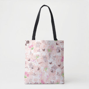 Bolsa Tote Lindo Coelho Kawaii Japonês e Xadrez Gingham Rosa