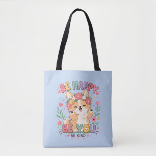 Bolsa Tote Lindo Corgi Coroa Floral Seja Feliz Seja Você Seja