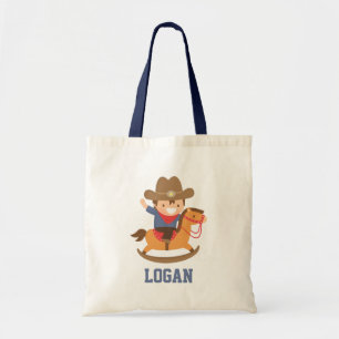 Bolsa Tote Lindo e Feliz Pequeno Cowboy em Cavalo de Balanço