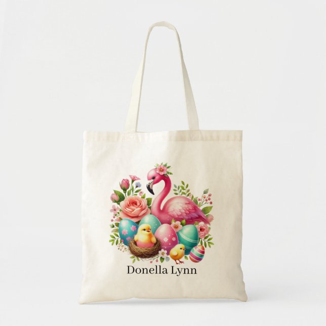 Bolsa Tote Lindo flamingo rosa de Páscoa adicionar nome (Frente)