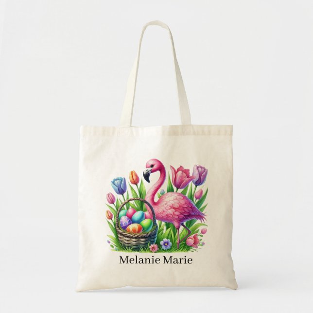 Bolsa Tote Lindo flamingo rosa Páscoa adicionar nome  (Frente)