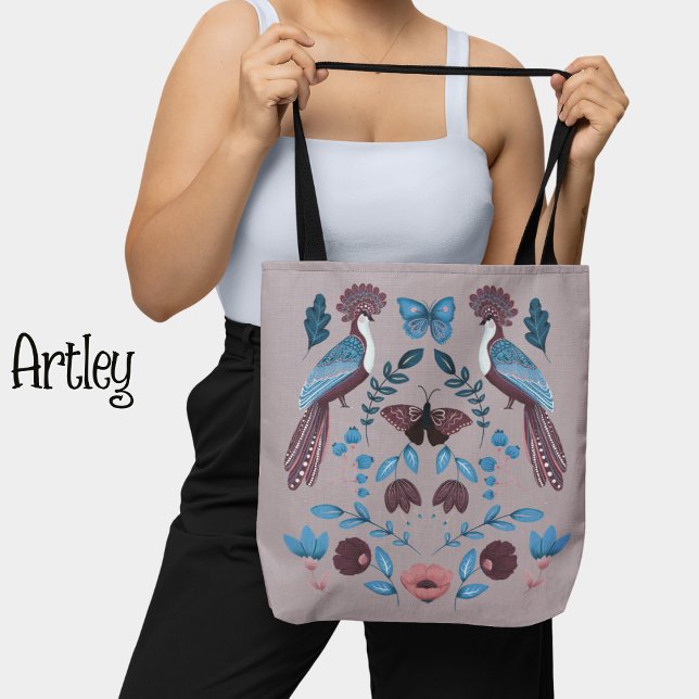 Bolsa Tote Lindo floral de pavão de arte roxa (Criador carregado)