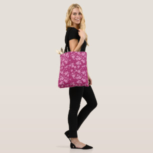 Bolsa Tote Lindo floral rosa pequeno com fundo Magenta