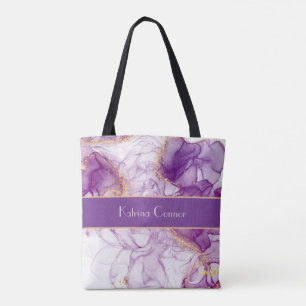 Bolsa Tote Lindo Fundo Roxo em Aquarela, Folhas Douradas