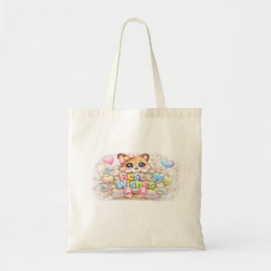 Bolsa Tote Lindo Kawaii Desejos Felizes Gato Pastel Rosa Flor