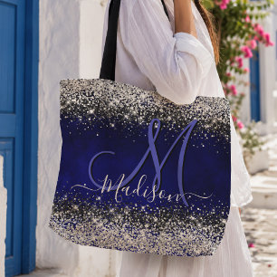 Bolsa Tote Lindo monograma de brilho falso prateado azul real