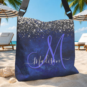 Bolsa Tote Lindo monograma dourado e azul real falso brilho