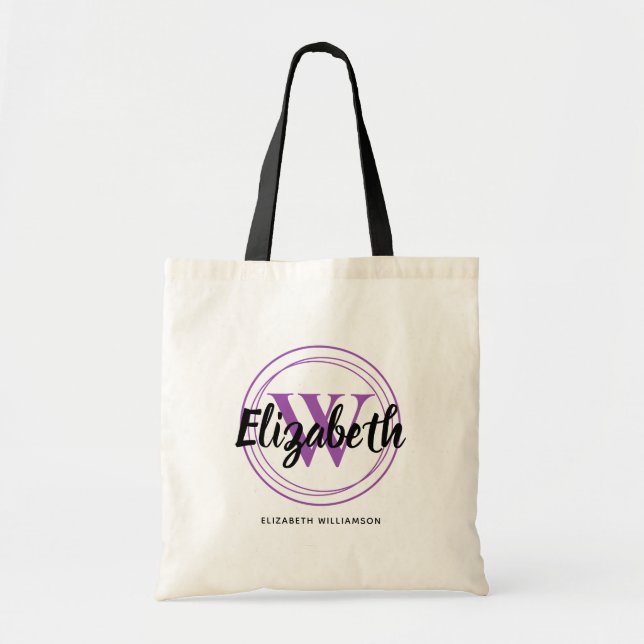 Bolsa Tote Lindo Nome de Letra Inicial com Monograma Roxo (Frente)
