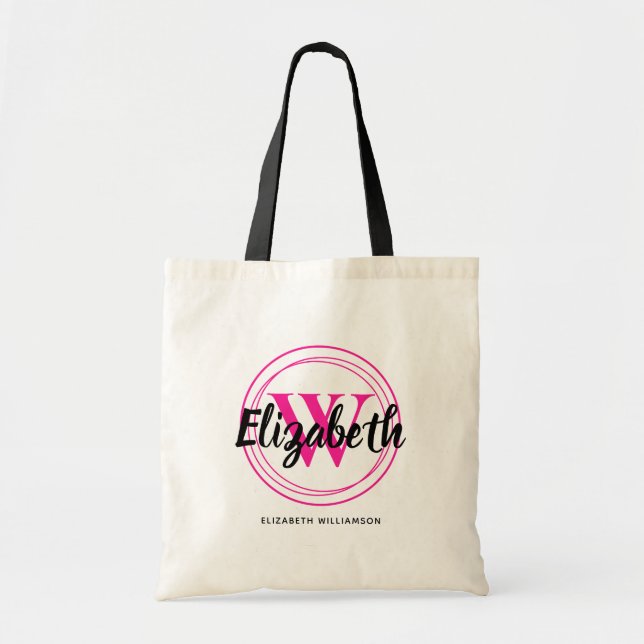 Bolsa Tote Lindo nome em roteiro inicial monograma rosa (Frente)