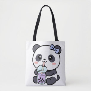 Bolsa Tote Lindo Panda Kawaii Bebendo Chá de Bolhas Ilustraçã