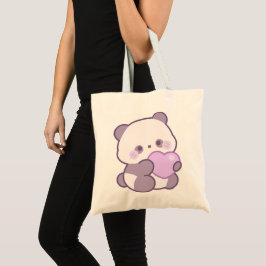 Bolsa Tote Lindo Panda Kawaii Rosa Roxo Segurando Coração