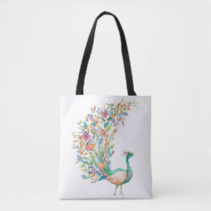 Bolsa Tote Lindo pavão verde em aquarela