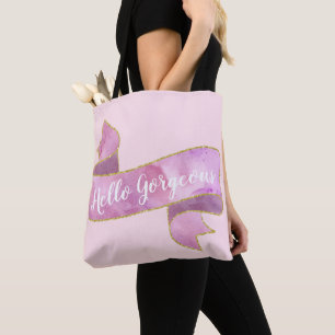 Bolsa Tote Lindo Rosa Bege Hello Gorgeous Fita Dourada Femini