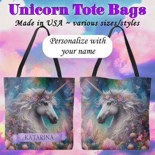 Bolsa Tote Lindo Unicórnio Caprichoso Floral Nome Personaliza