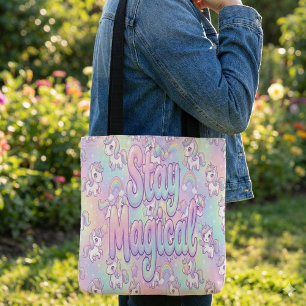 Bolsa Tote Lindo Unicórnio Kawaii Arco-íris Pastel Mágico