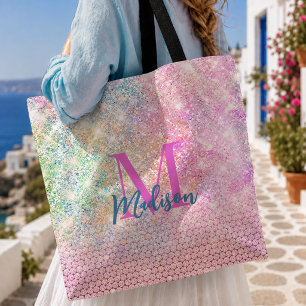 Bolsa Tote lindo unicórnio monograma de brilho falso em rhine
