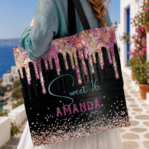 Bolsa Tote Lindo unicórnio preto brilho monograma de aniversá