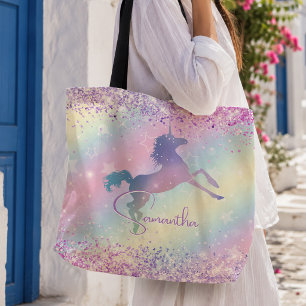 Bolsa Tote Lindo unicórnio rosa arte de monograma de Glitter