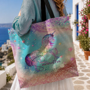 Bolsa Tote Lindo unicórnio rosa Glitter arco-íris aqua monogr