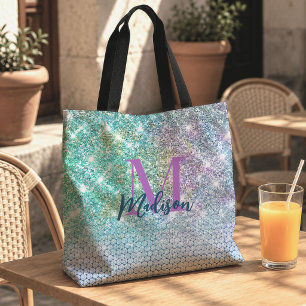 Bolsa Tote Lindo unicórnio turquesa monograma falso brilho