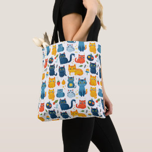 Bolsa Tote Lindos gatos kawaii brincando com brinquedos branc