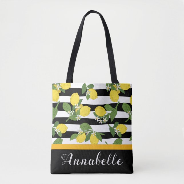 Bolsa Tote Lindos Lemons e Blossoms em Stripes Personalizam (Frente)