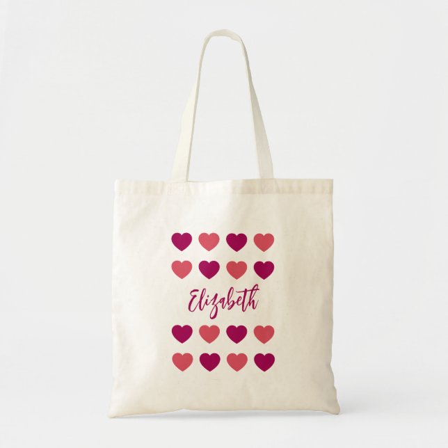 Bolsa Tote Lindos Tons de Corações Rosa Script Nome Cursivo (Frente)