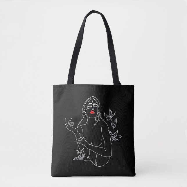 Bolsa Tote Line Art illustration. Femme en noir et blanc (Frente)