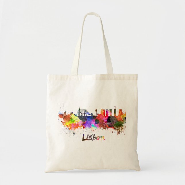 Bolsa Tote Linha do horizonte de Lisboa em aquarela (Frente)