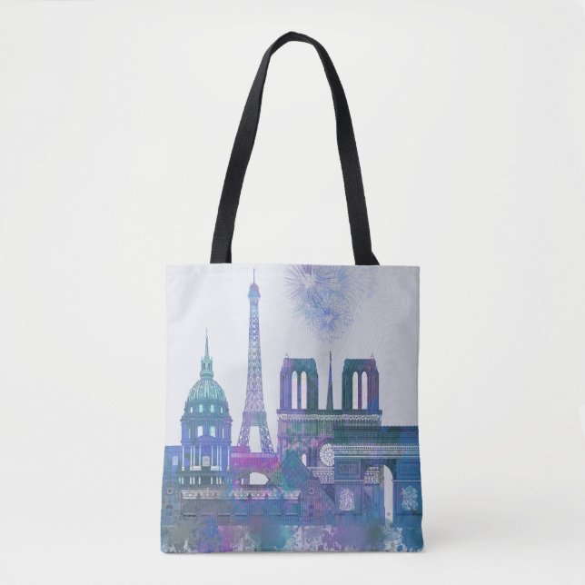 Bolsa Tote Linha do Skyline de Paris - Azul Aquarela (Frente)