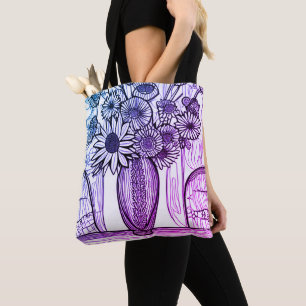 Bolsa Tote Linha Flor Vase Desenho Arte Floral Azul Púrpura