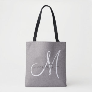 Bolsa Tote Linhagem de Cinza Monograma de Script Branco