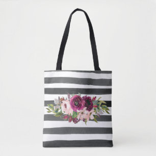 Bolsa Tote Linhas Pretas e Brancas e Floral