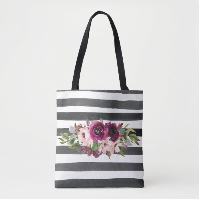 Bolsa Tote Linhas pretas e brancas e floral (Frente)