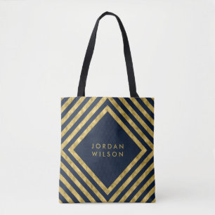 Bolsa Tote Linhas quadradas Dourados do falso azul elegante