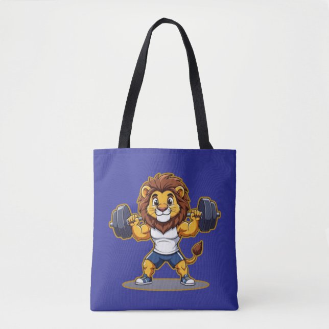 Bolsa Tote Lion Lifting Light Weights – Cute Gym Animal Illus (Frente)