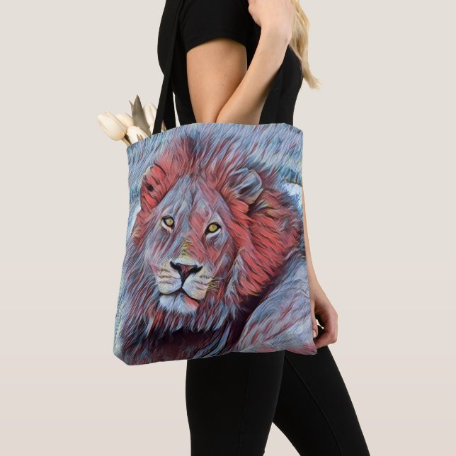 Bolsa Tote Lion Watercolor africana, em vermelho e azul (Close Up)