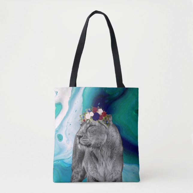 Bolsa Tote Lioness Lion Animal Girl Flower Crown Colorir (Frente)