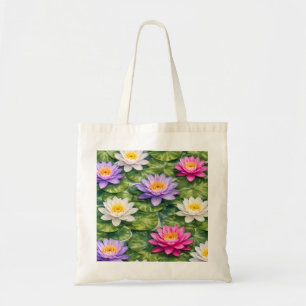 Bolsa Tote Lírio Aquático Rosa Roxo Branco Botânico Aquarela