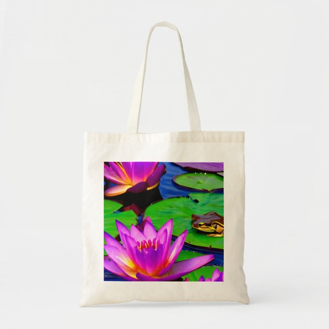 Bolsa Tote Lírios de água vibrantes, Lily Pads e um Sapo (Frente)