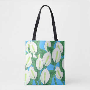 Bolsa Tote Lírios de paz brancos em fundo azul pálido