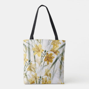 Bolsa Tote Lírios Elegantes Amarelo Dourado Aquarela Floral