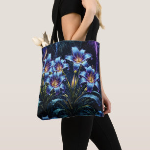 Bolsa Tote Lírios luminosos vibrantes, jardim de fantasia flo