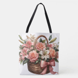 Bolsa Tote lírios rosas num cesto