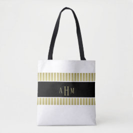Bolsa Tote Listra de Monograma Preto Dourado Branco