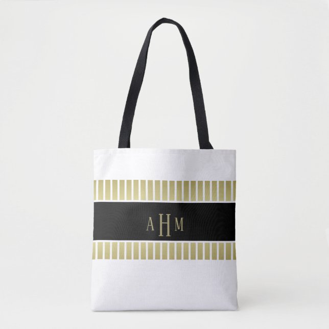 Bolsa Tote Listra de Monograma Preto Dourado Branco (Frente)