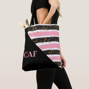 Bolsa Tote Listra Dourada, rosa e preto, monogramas
