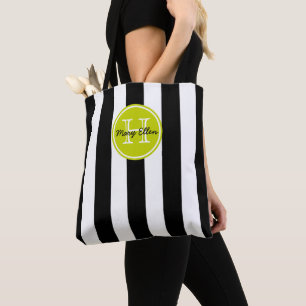 Bolsa Tote Listra Preta e Branca Com Monograma Verde Lima