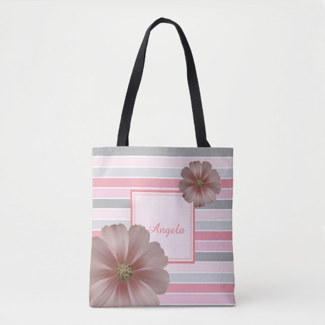 Bolsa Tote Listrado da Moda, Flores - Personalizado (Frente)